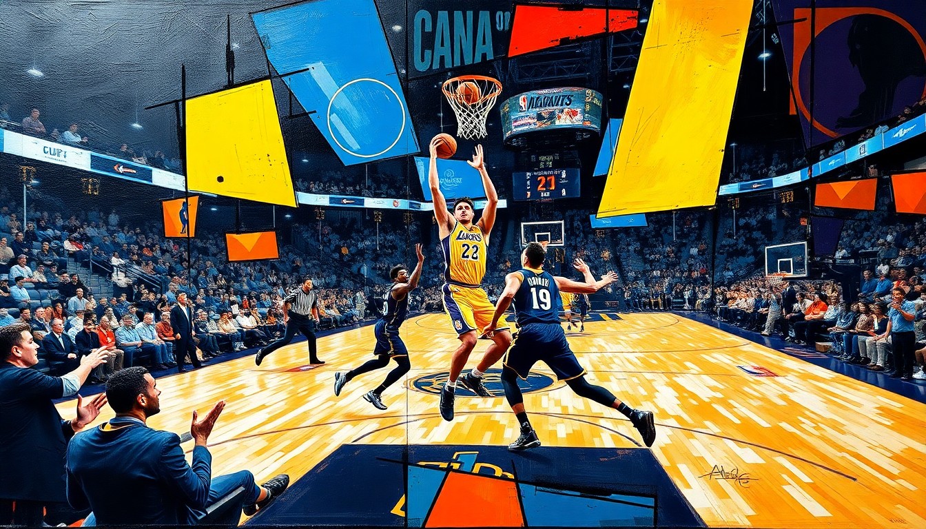 A cubist, geometric painting depicting a basketball game between the Los Angeles Lakers and Dallas Mavericks, with overlapping planes and shapes representing the players' movements and the game's high-intensity action.