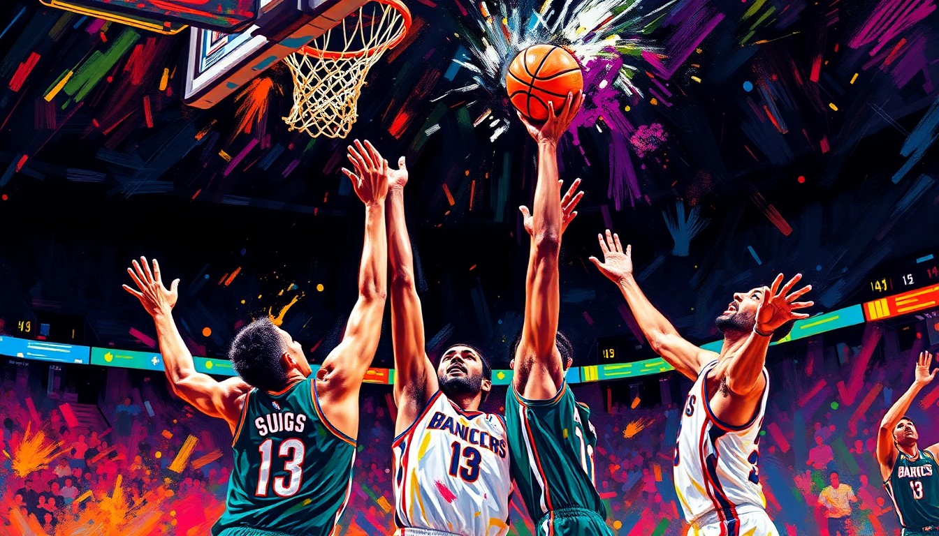 An extreme close-up of Jalen Suggs' basketball in mid-air, surrounded by a swirl of neon colors and energetic brushstrokes, capturing the raw emotion and excitement of his game-winning shot.