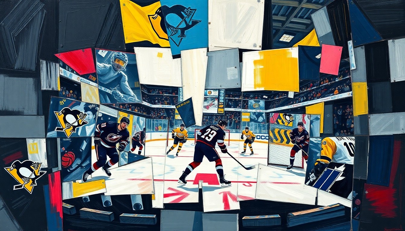 A fractured, multi-perspective painting depicting a hockey game, with sharp geometric planes and overlapping shapes representing the dynamic action on the ice.