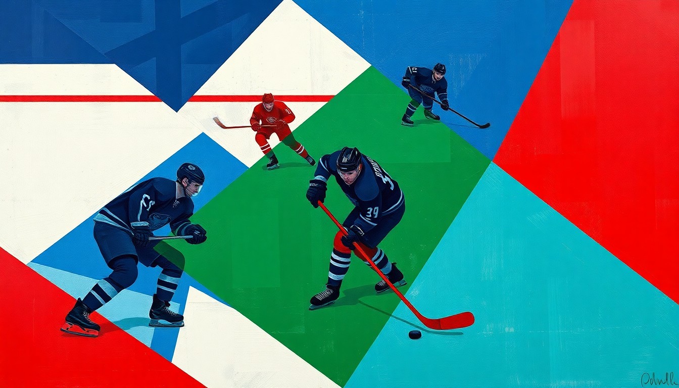 A cubist, geometric painting depicting a hockey game, with the players and puck represented through sharp, overlapping shapes in a vibrant color palette, capturing the sport's fast-paced action and intensity.