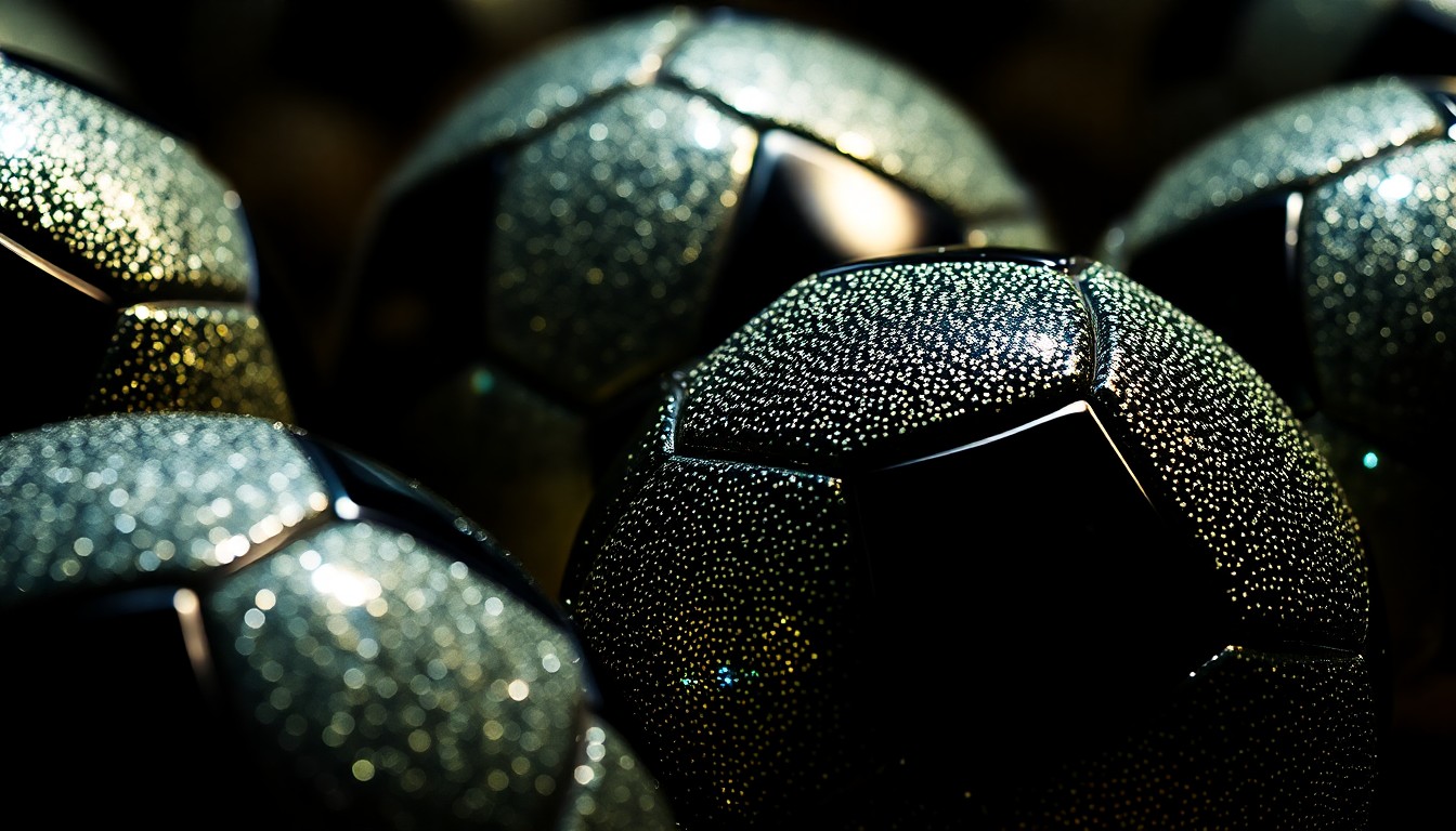 An extreme close-up photograph of the intricate, shimmering texture of a soccer ball, captured in dramatic studio lighting to create a high-fashion, glamorous aesthetic that conceptually represents the global appeal and cultural significance of the World Cup anthem.