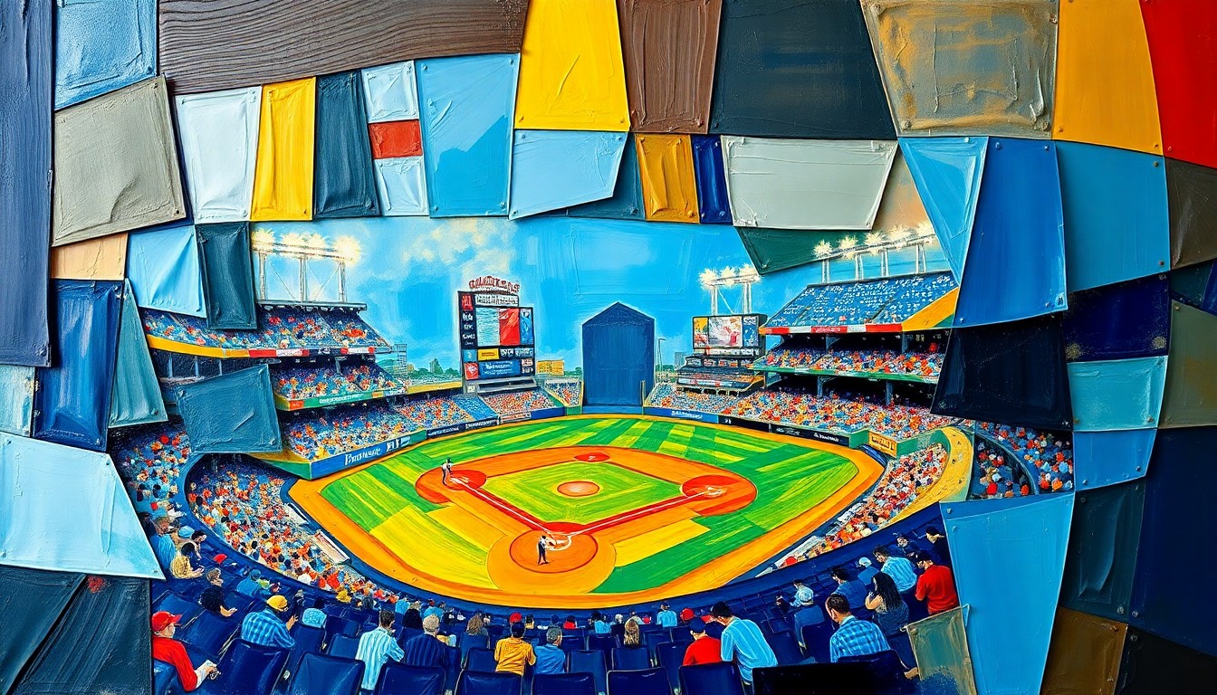 A cubist-style painting featuring overlapping geometric shapes and planes in vibrant colors, conceptually representing the key moments and tension of a close baseball game between the Texas Rangers and Cincinnati Reds.