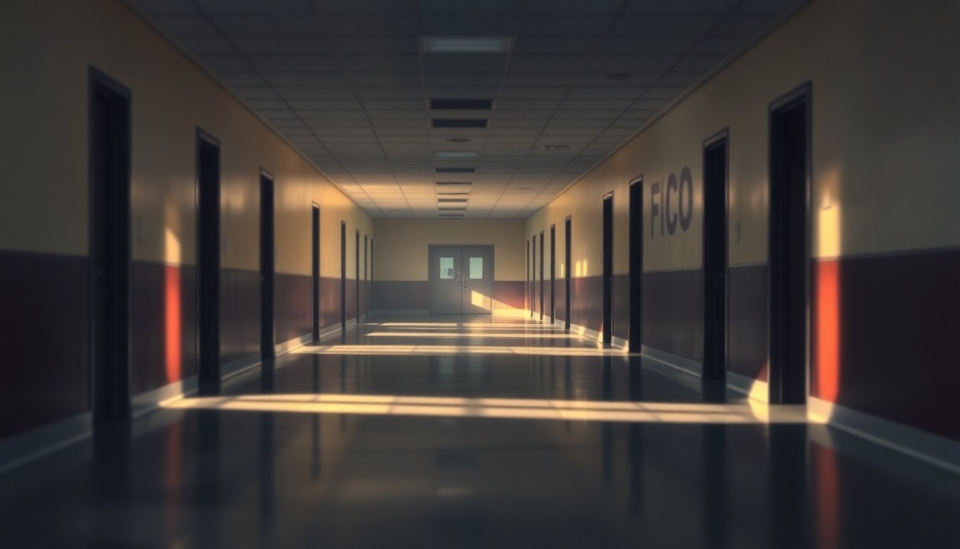 An abstract, out-of-focus photograph of an empty school hallway, with soft pools of warm light and muted colors, conveying a sense of melancholy and uncertainty about the state of Colorado's education system.