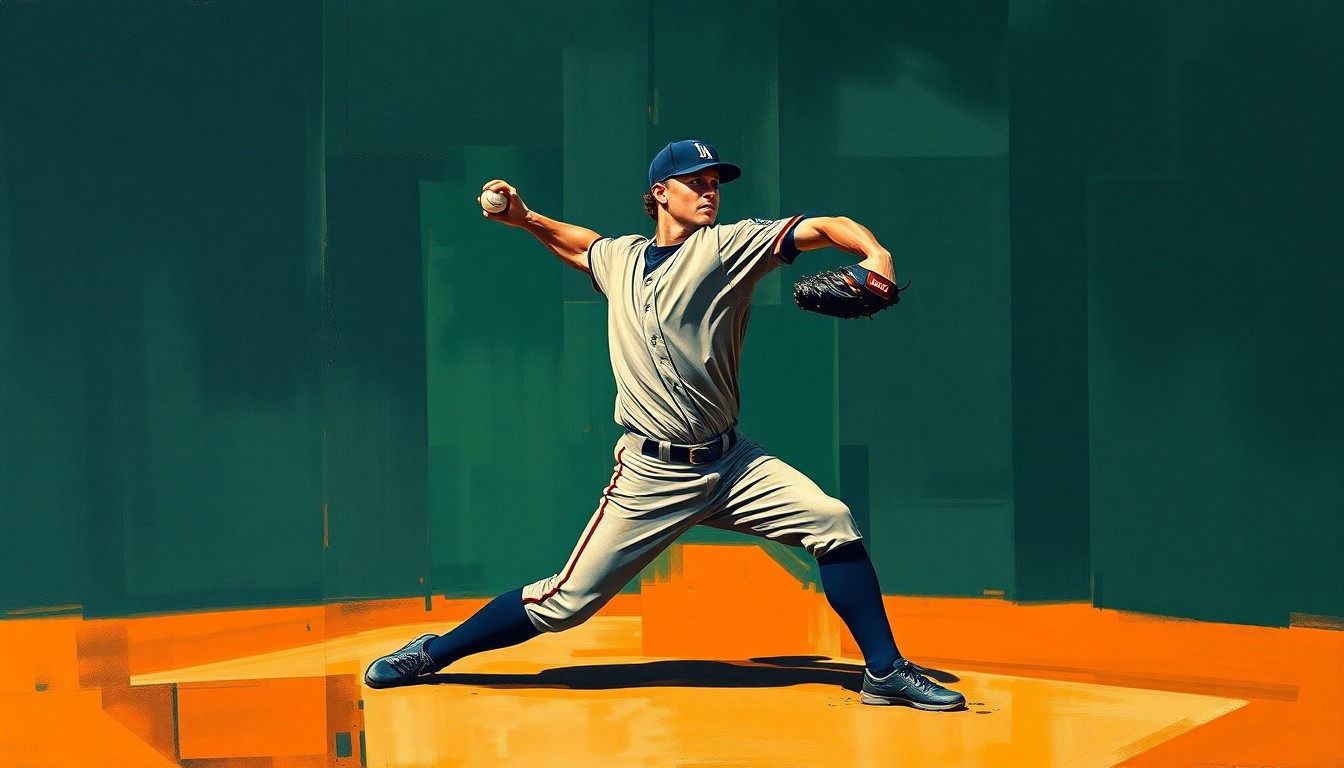 A cubist, geometric painting depicting the fractured motion of a baseball pitcher's windup and delivery, with overlapping planes in muted navy, green, and orange tones.