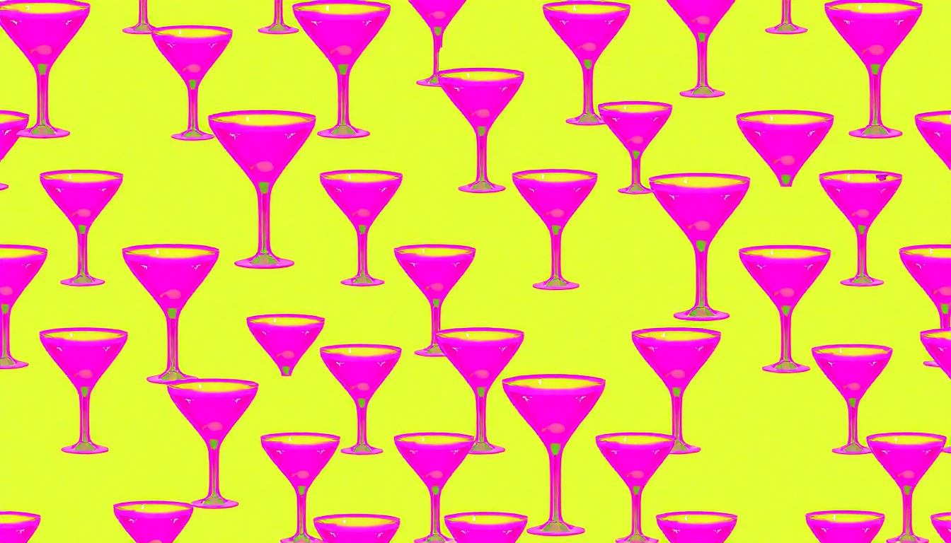 A bold, colorful silkscreen-style illustration featuring a repeating pattern of a neon pink cocktail glass, conceptually representing the vibrant energy and community of a beloved local LGBTQ+ bar.