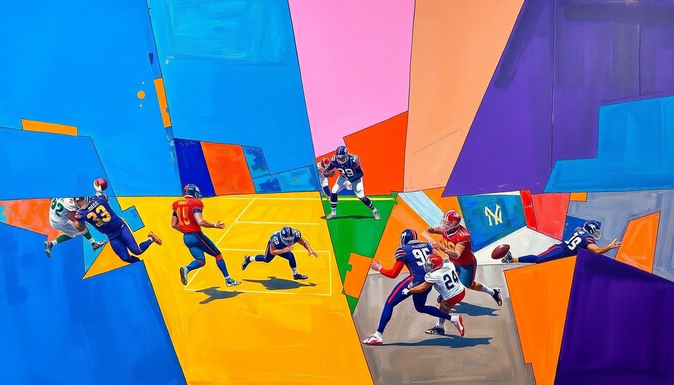 A cubist, geometric painting depicting a football game or cornerback competition, with sharp, overlapping planes of color in vibrant shades of blue, orange, and purple, capturing the dynamic movements and energy of the players.