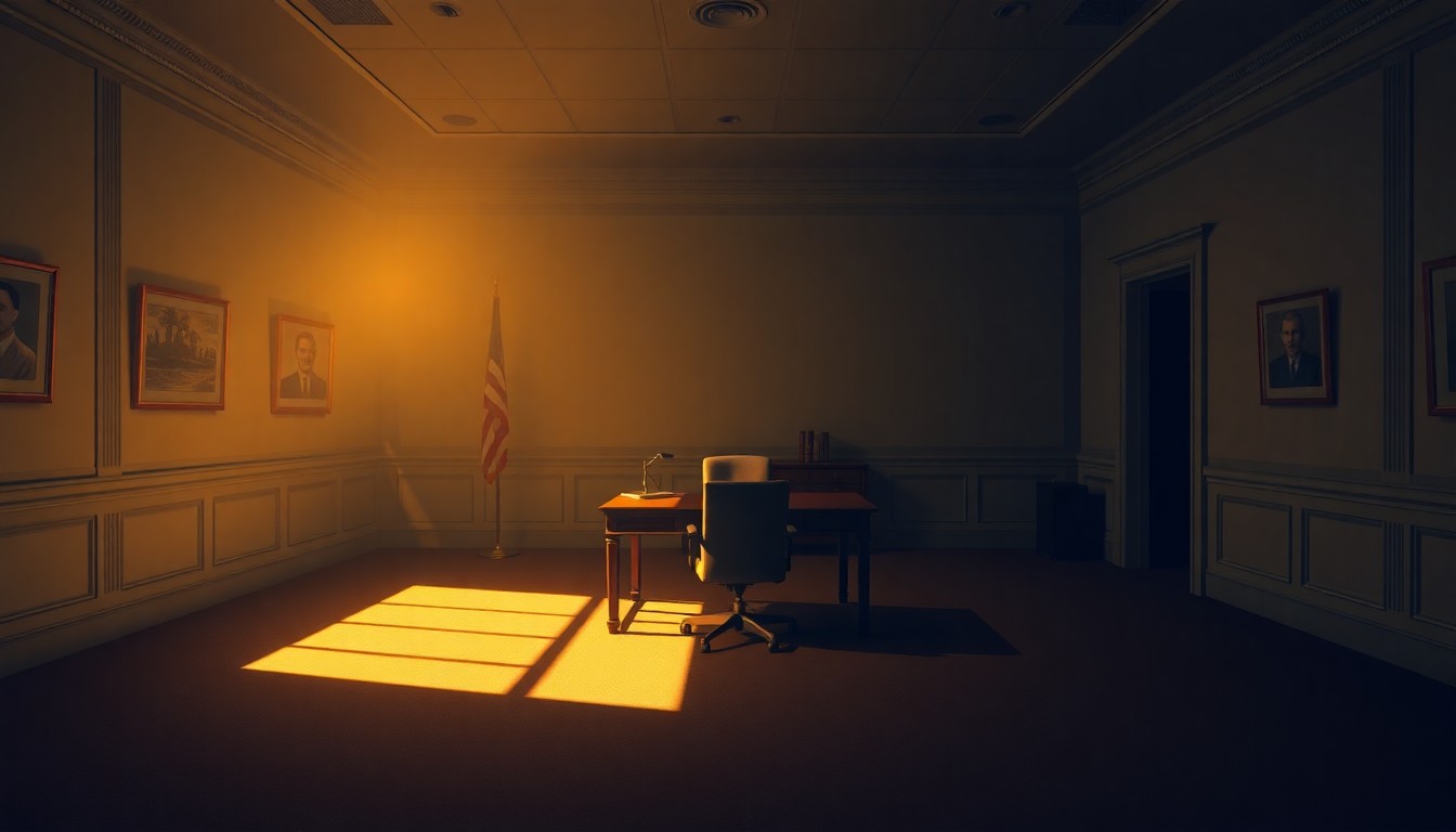 A solitary, empty government office space with a single desk and chair in the center, the room bathed in warm, diagonal sunlight and deep shadows, conceptually representing the tension between the executive branch and the Federal Reserve.