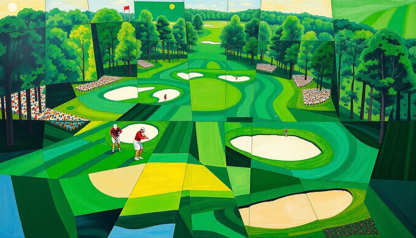 A fractured, cubist-style painting depicting an abstract, geometric representation of a women's golf tournament at Augusta National, with the course's iconic features and the players' forms broken down into sharp, overlapping planes of vibrant green, fairway, and sand trap colors.