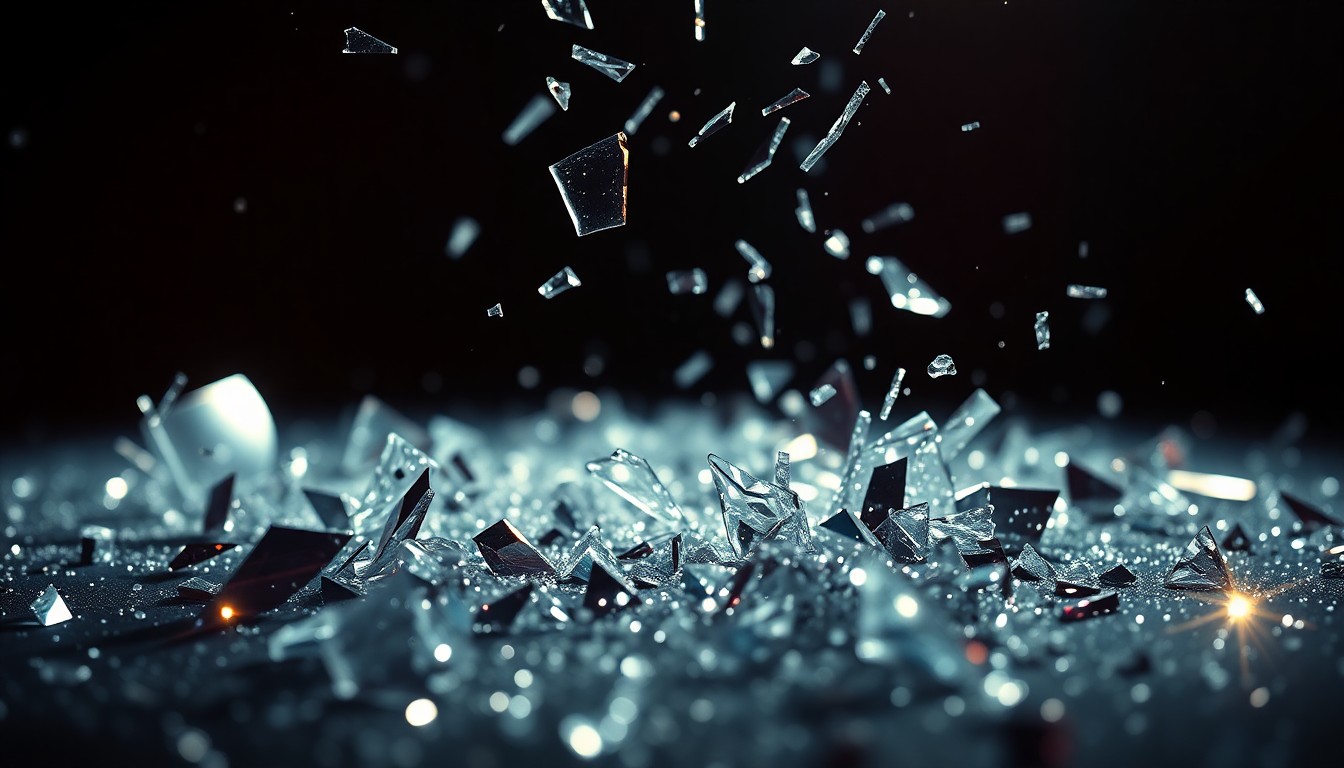An extreme close-up photograph of shattered glass in dramatic, high-contrast studio lighting, capturing the glitzy, high-fashion aesthetic of red carpet glamour.
