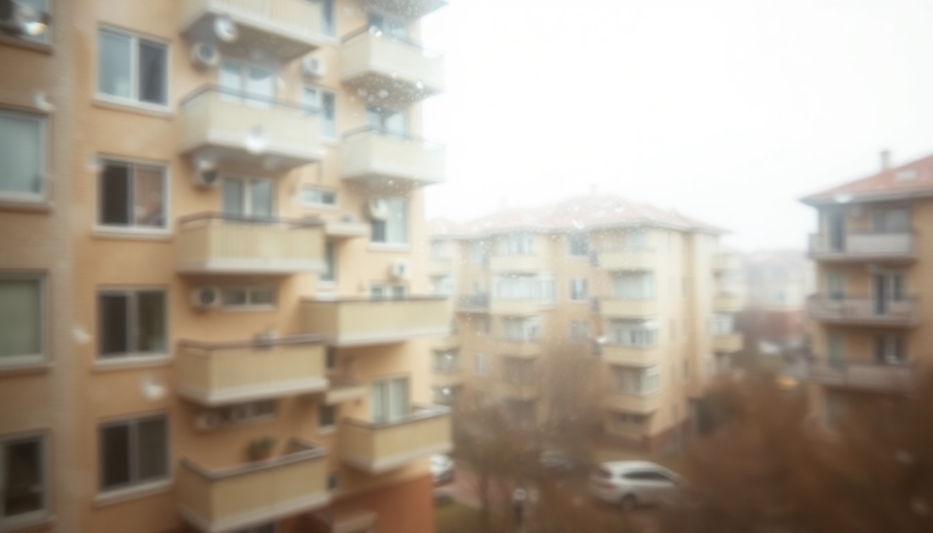 An abstract, out-of-focus image of a residential building exterior, with soft, warm colors and blurred shapes, conveying a sense of comfort and community.