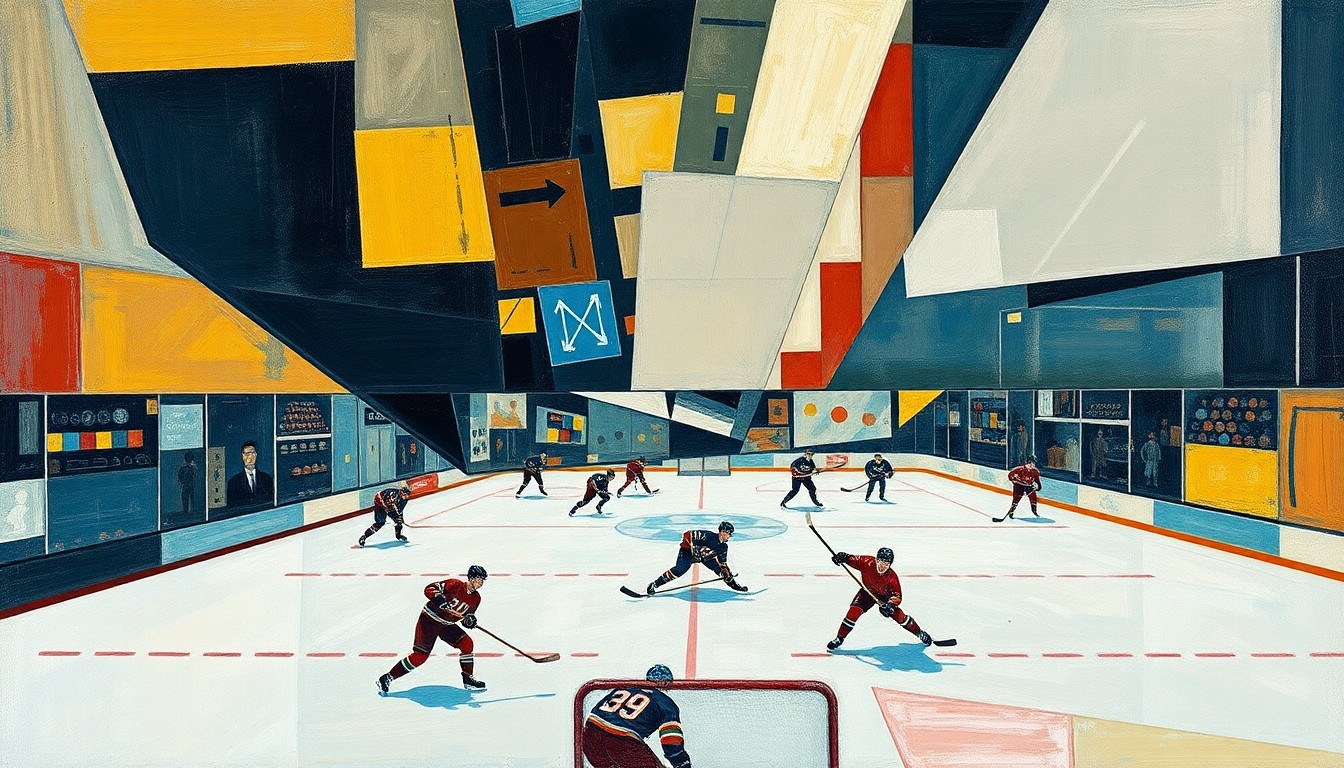 A cubist, geometric painting depicting a hockey game, with players and the rink broken down into sharp, overlapping shapes and planes in a vibrant color palette.