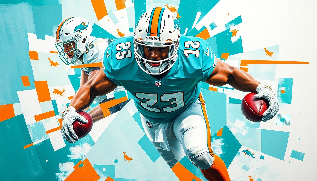 A fractured, geometric painting depicting a Miami Dolphins offensive lineman in action, with sharp planes of teal, orange, and white overlapping to capture the raw power and movement of the player.