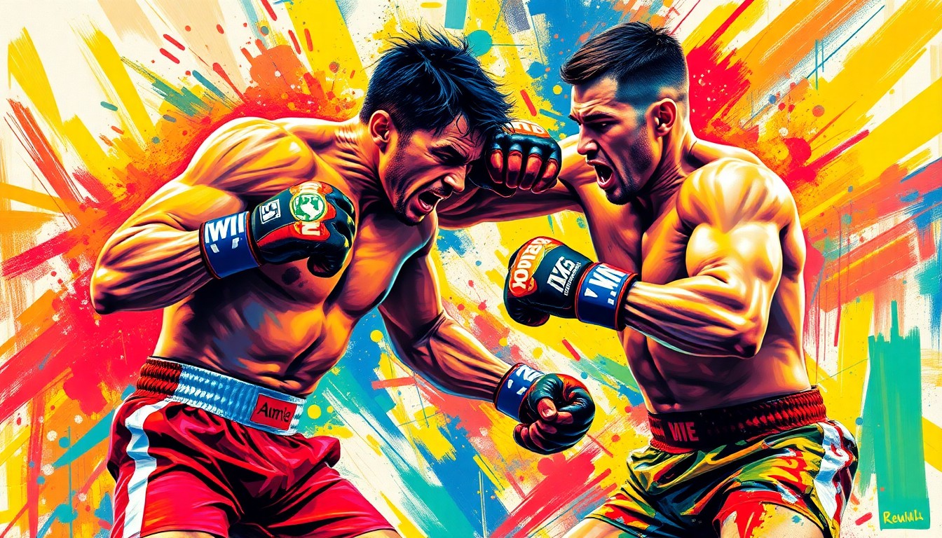 A vibrant, expressionist painting depicting two Lightweight MMA fighters engaged in a fierce, high-energy battle, with their movements and forms dissolving into a neon-colored blur of raw athletic power and intensity.