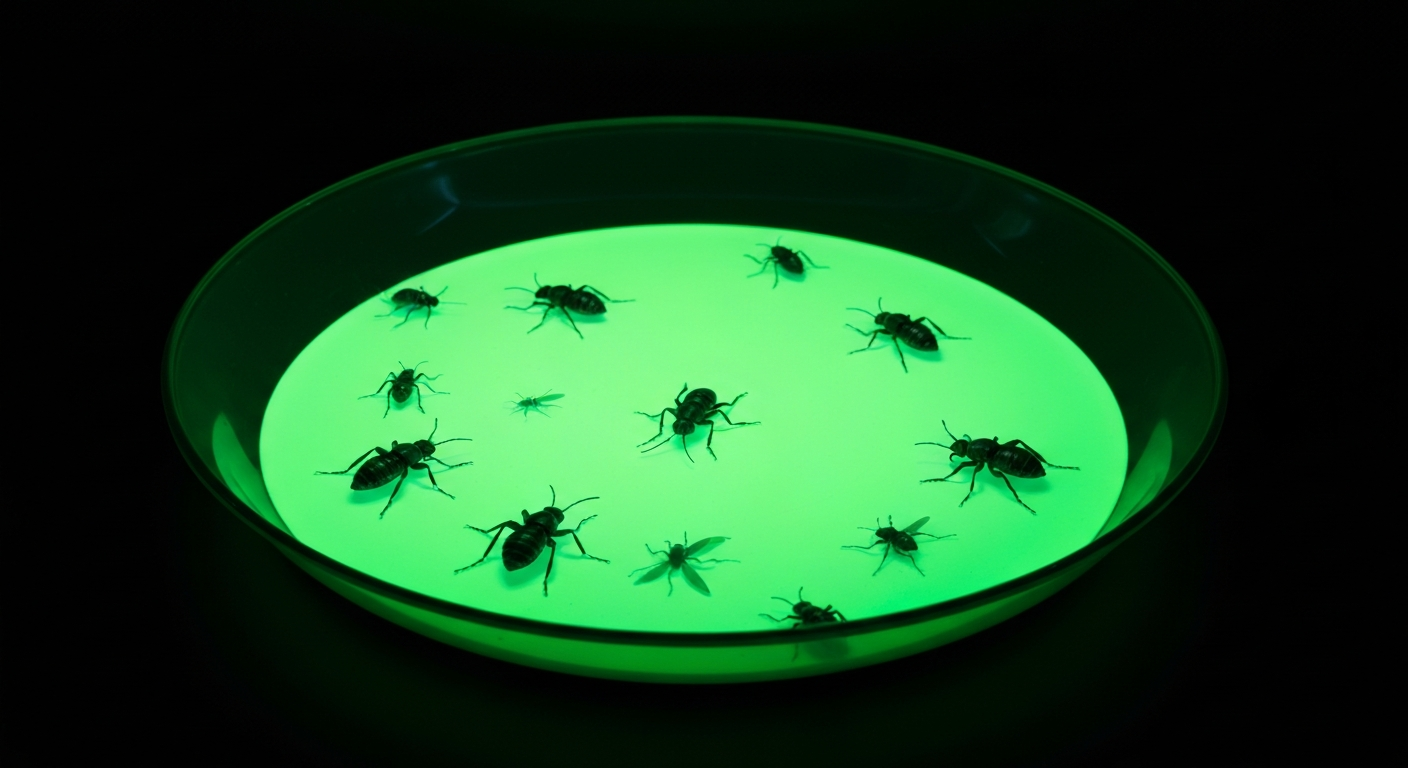 A minimalist neon outline illustration depicting a plate with insects crawling around the edges, conveying the unsanitary conditions found at the Trump Hotel Chicago during a health inspection.