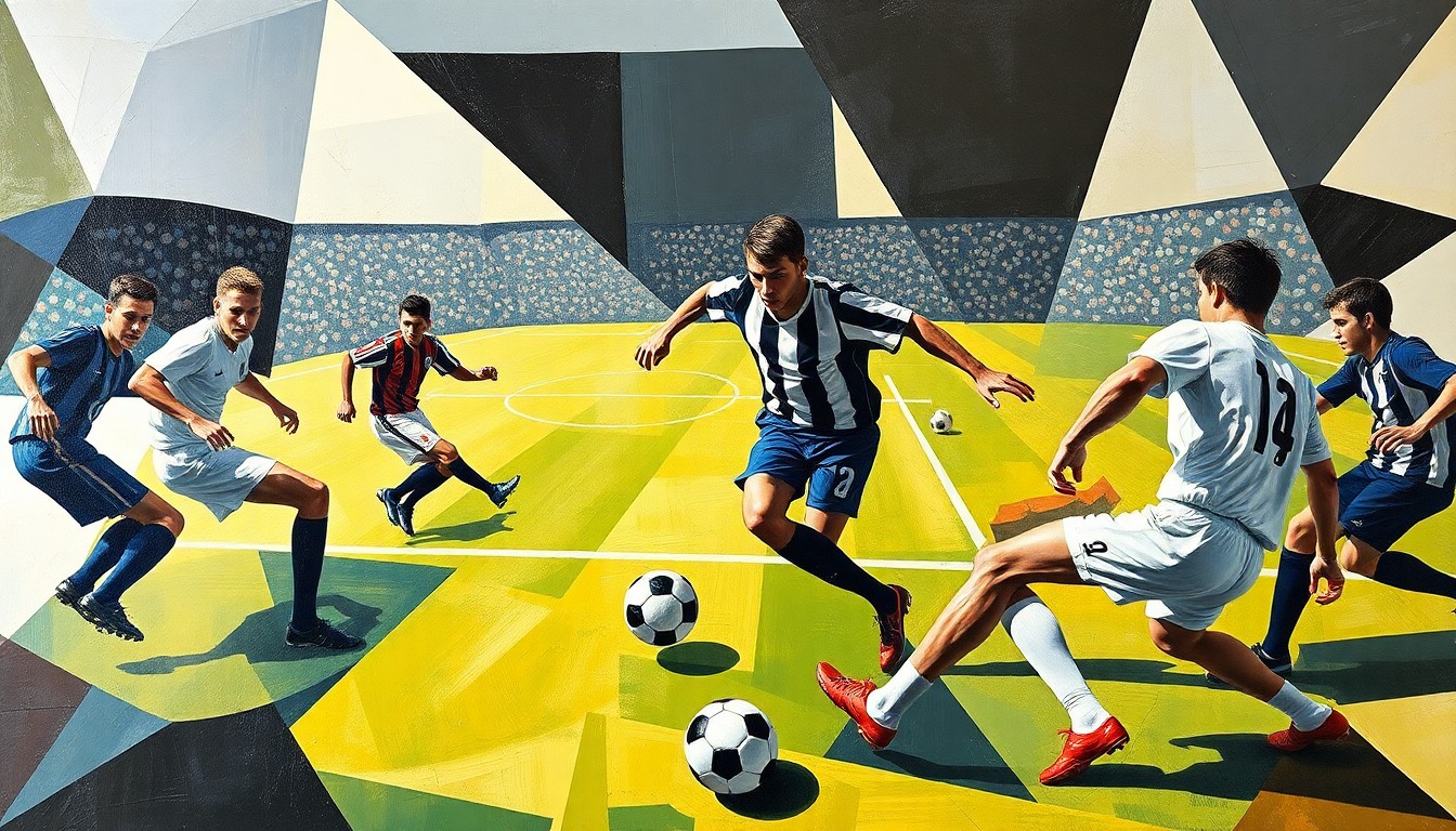A cubist-style painting depicting a football game, with the players' forms broken down into sharp, overlapping geometric shapes. The ball and field create a dynamic, kinetic composition, capturing the energy and intensity of the sport.