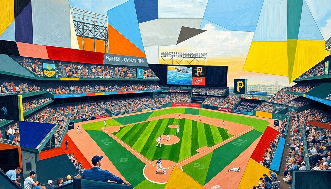A fragmented, geometric painting depicting a baseball game between the Chicago Cubs and Pittsburgh Pirates, with the players and field of play broken down into abstract shapes and angles, conveying the intensity and excitement of the game.