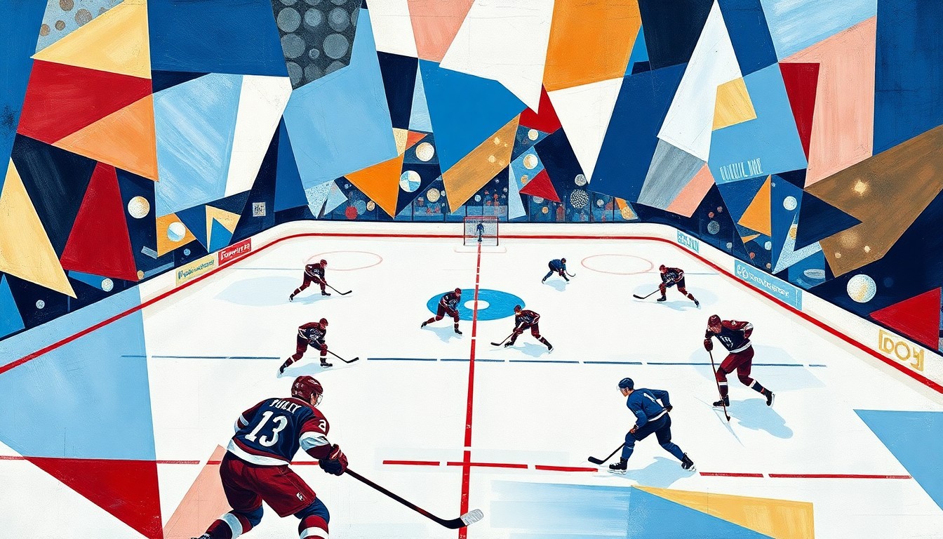 A cubist, geometric painting depicting a hockey game, with the players and ice reduced to angular, intersecting shapes in a vibrant color palette, capturing the fragmented nature of the Islanders' collapse and the Canadiens' decisive victory.
