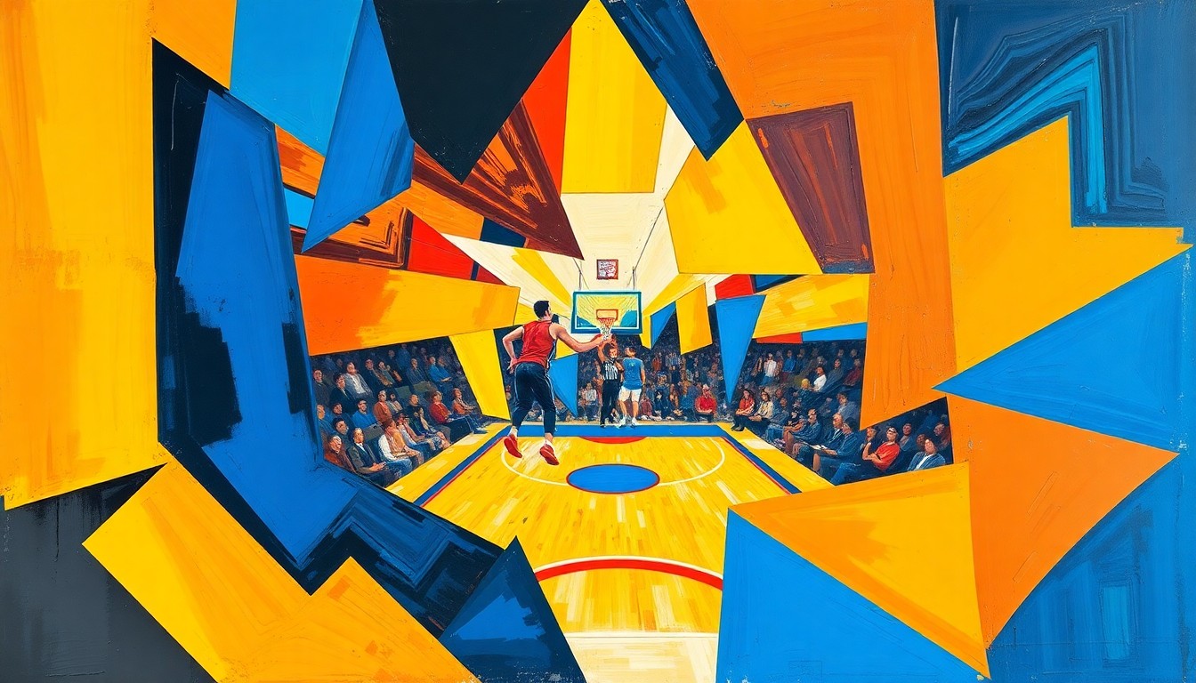 A cubist, geometric painting depicting overlapping, fragmented shapes and planes in bright, energetic colors representing the action and drama of a basketball game.