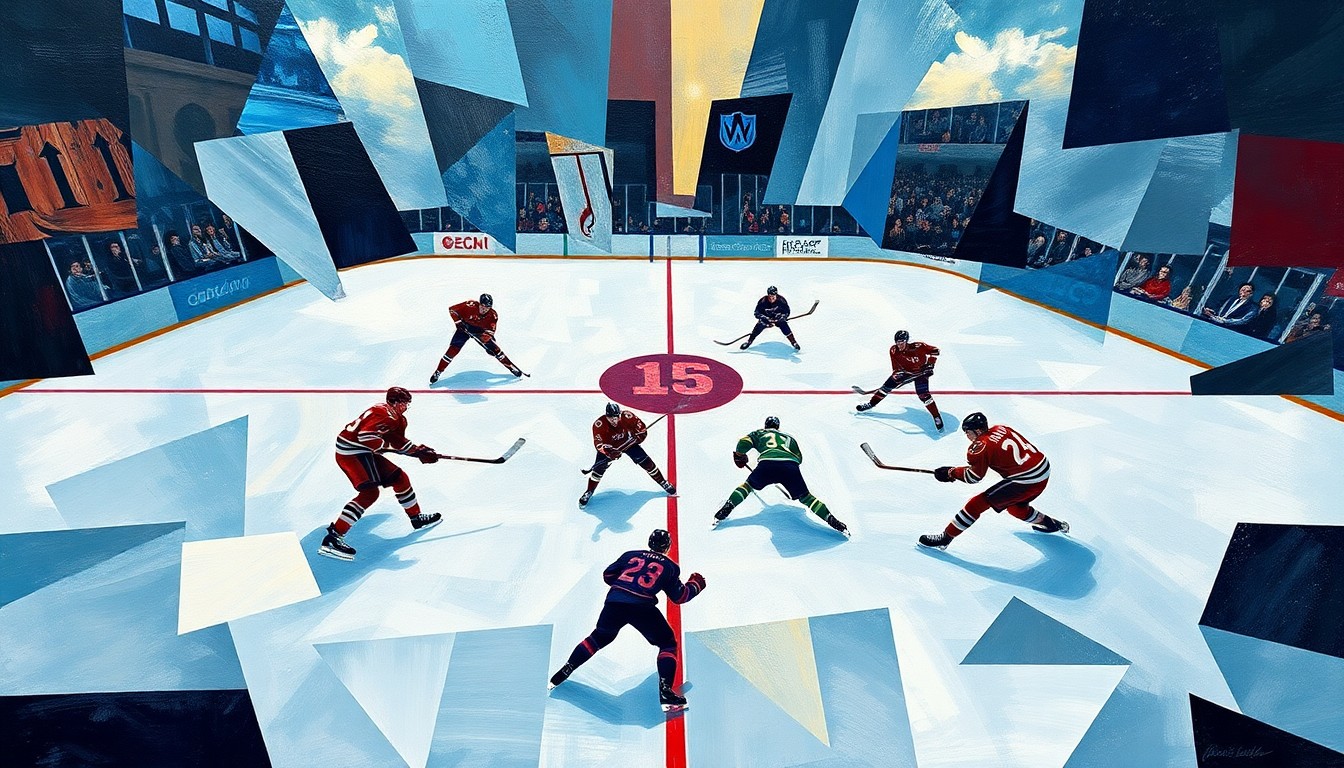 A cubist-style painting depicting a hockey game, with the players and ice broken down into abstract geometric shapes and planes of color, capturing the intensity and strategic nature of the matchup.
