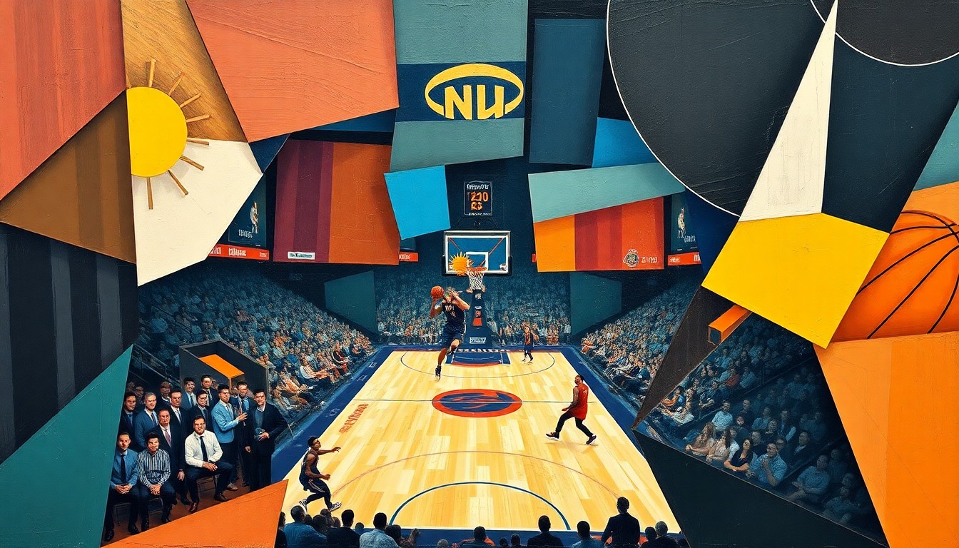A cubist, geometric painting depicting a basketball game in motion, with players and the court broken down into sharp, overlapping shapes and planes of color, conveying the intensity and uncertainty of the upcoming Suns-Thunder matchup.