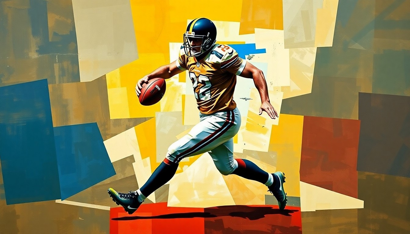 A fragmented, cubist-style painting depicting a football player in motion, with sharp, overlapping geometric shapes and planes representing the dynamic movements of the sport.