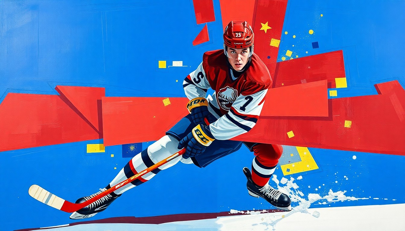 A fractured, cubist-style painting depicting a college hockey player in mid-action, with sharp, overlapping geometric planes in vibrant blue, red, and gold colors, conceptually representing the multi-faceted nature of the Plante family's hockey success.