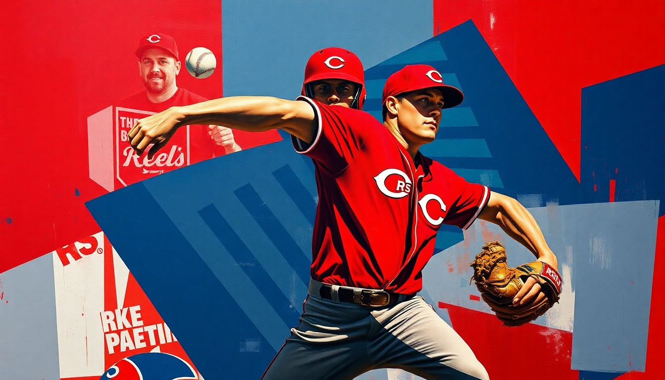 A cubist, geometric painting depicting a baseball pitcher's windup and delivery, with sharp, overlapping planes of scarlet red and navy blue representing the raw power and precision of Reds pitcher Rhett Lowder's historic start to the season.