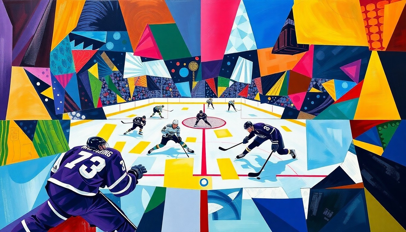 A cubist, geometric painting depicting a hockey game between the Los Angeles Kings and Seattle Kraken, with the players and puck broken down into sharp, overlapping shapes and planes in vibrant colors.