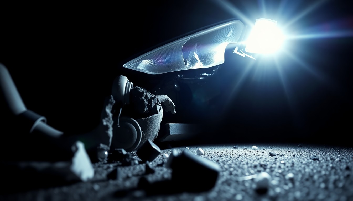 An extreme close-up photograph of a twisted, damaged car part or piece of debris from the crash site, lit by a harsh, direct camera flash against a pitch-black background, conceptually illustrating the violent impact and aftermath of the fatal pileup.