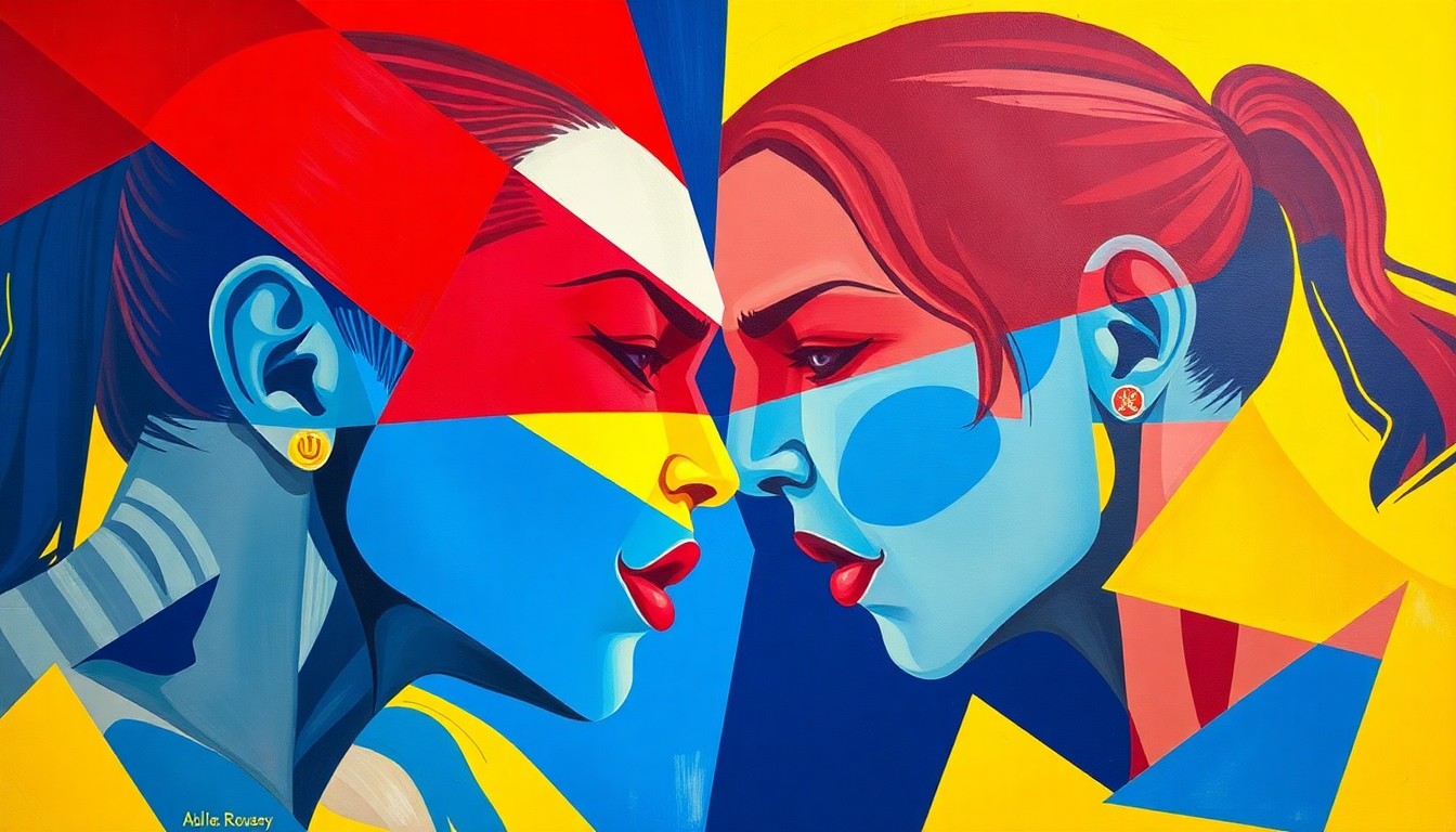 A cubist-style painting depicting a mixed martial arts match between two fighters, with sharp, overlapping geometric planes in vibrant colors of red, blue, and yellow, conceptually representing the strategic evolution of the rivalry between Cris Cyborg and Ronda Rousey.