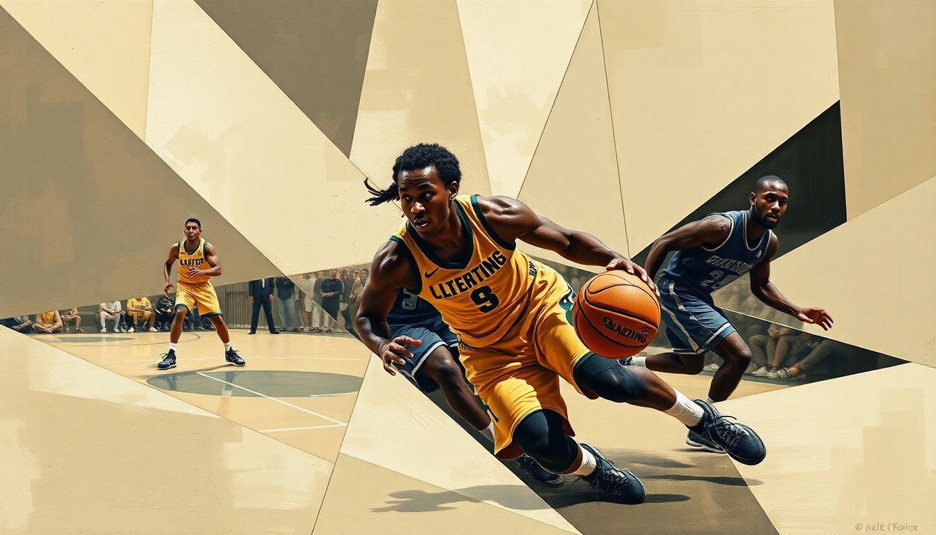 A fractured, cubist-style painting depicting the defensive intensity and physical presence of a college basketball player, with sharp, overlapping geometric shapes in muted earth tones conveying the strategic nature of the game.