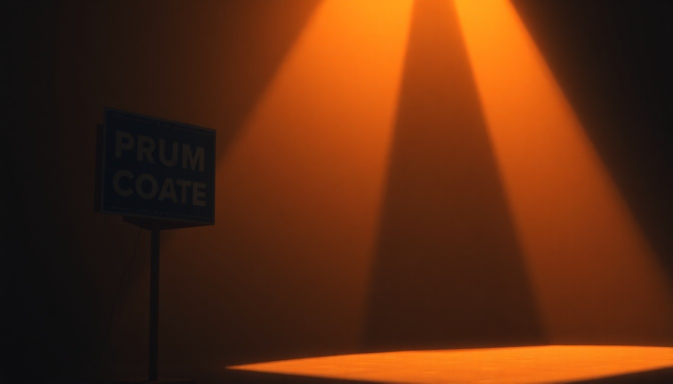 A serene, cinematic painting depicting a simple campaign sign or podium in a warm, sunlit urban setting, conveying the quiet determination and community-focused vision of Ami Chen Mills' mayoral campaign.