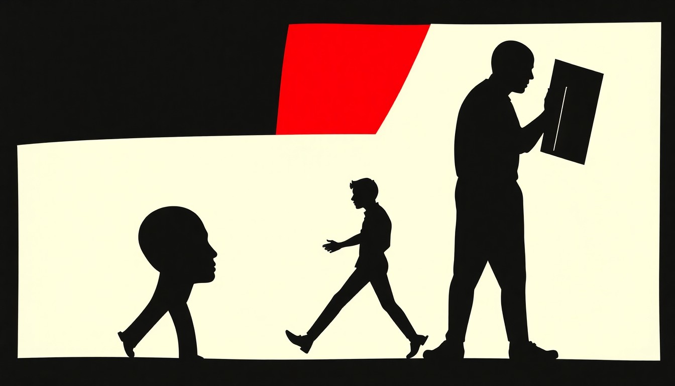 A bold, abstract composition of stark black silhouettes and geometric shapes in high-contrast red and white, conceptually representing the themes of Pablo Delano's art exploring Caribbean history and conflicts.