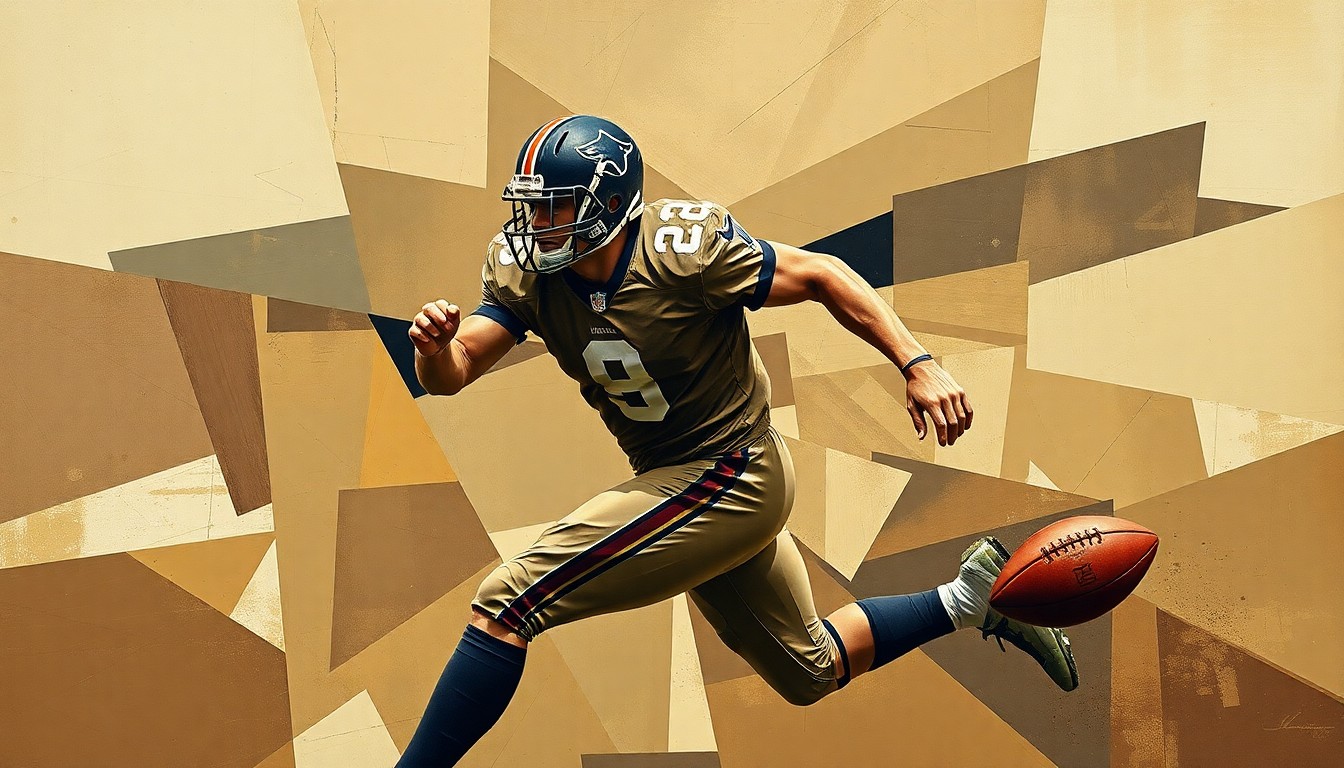 A cubist, geometric painting depicting a football player in motion, with sharp, overlapping planes in muted earth tones, conceptually representing the multifaceted life and impact of Chris Payton-Jones.