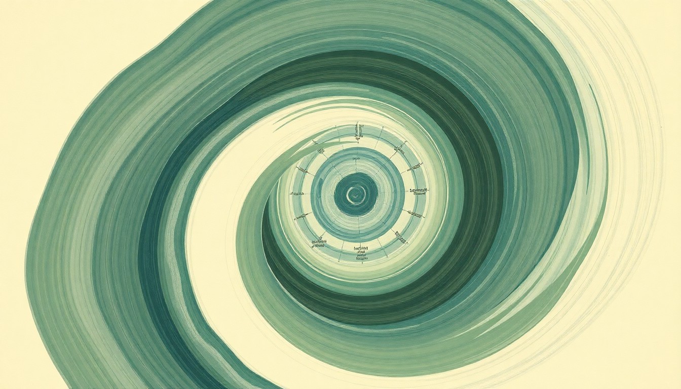 A bold, abstract painting in soft, earthy tones of green, blue, and brown, featuring sweeping geometric arcs, concentric circles, and precise spirals, representing the complex subsurface terrain beneath Greenland's ice sheet and the dynamic forces shaping its movement.