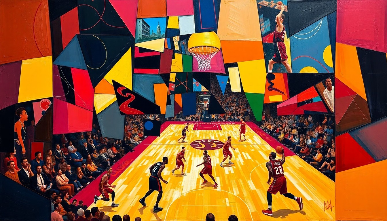 A fragmented, cubist-style painting depicting a basketball game between the Cleveland Cavaliers and Toronto Raptors, with the players and court broken down into sharp, overlapping geometric shapes in the teams' respective color palettes.