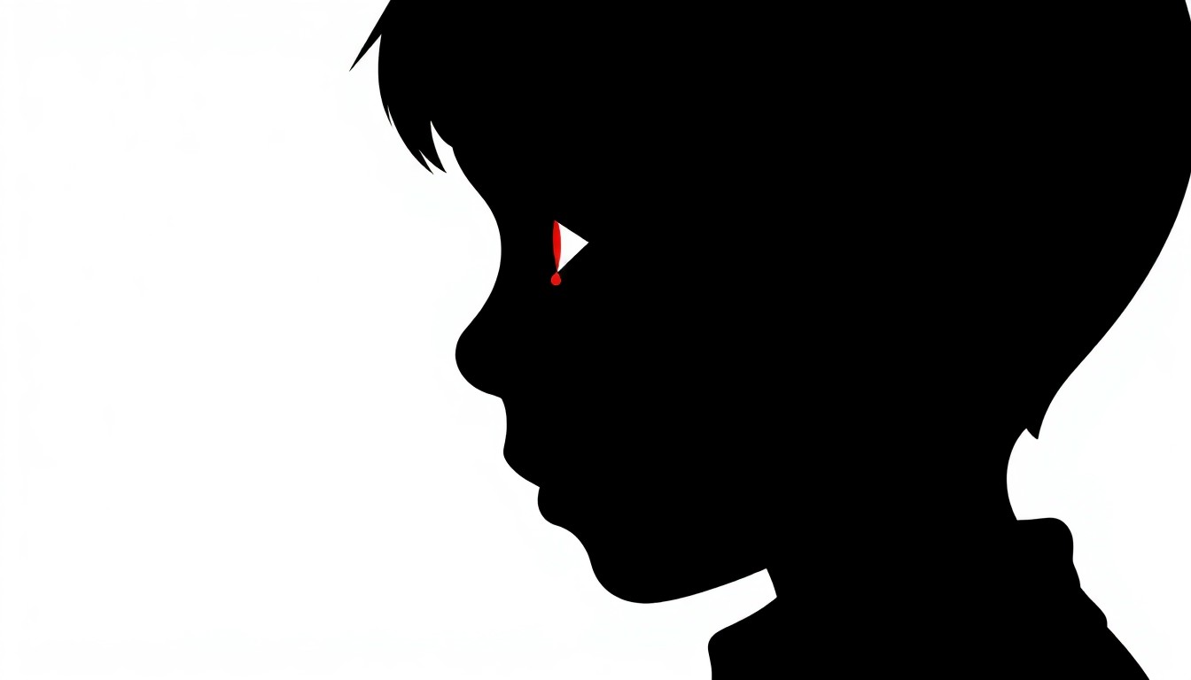 A bold, graphic black silhouette of a young boy's face, with a single red teardrop shape falling from the eye, conveying the emotional weight and narrative impact of a shocking character death in the acclaimed Western series Deadwood.