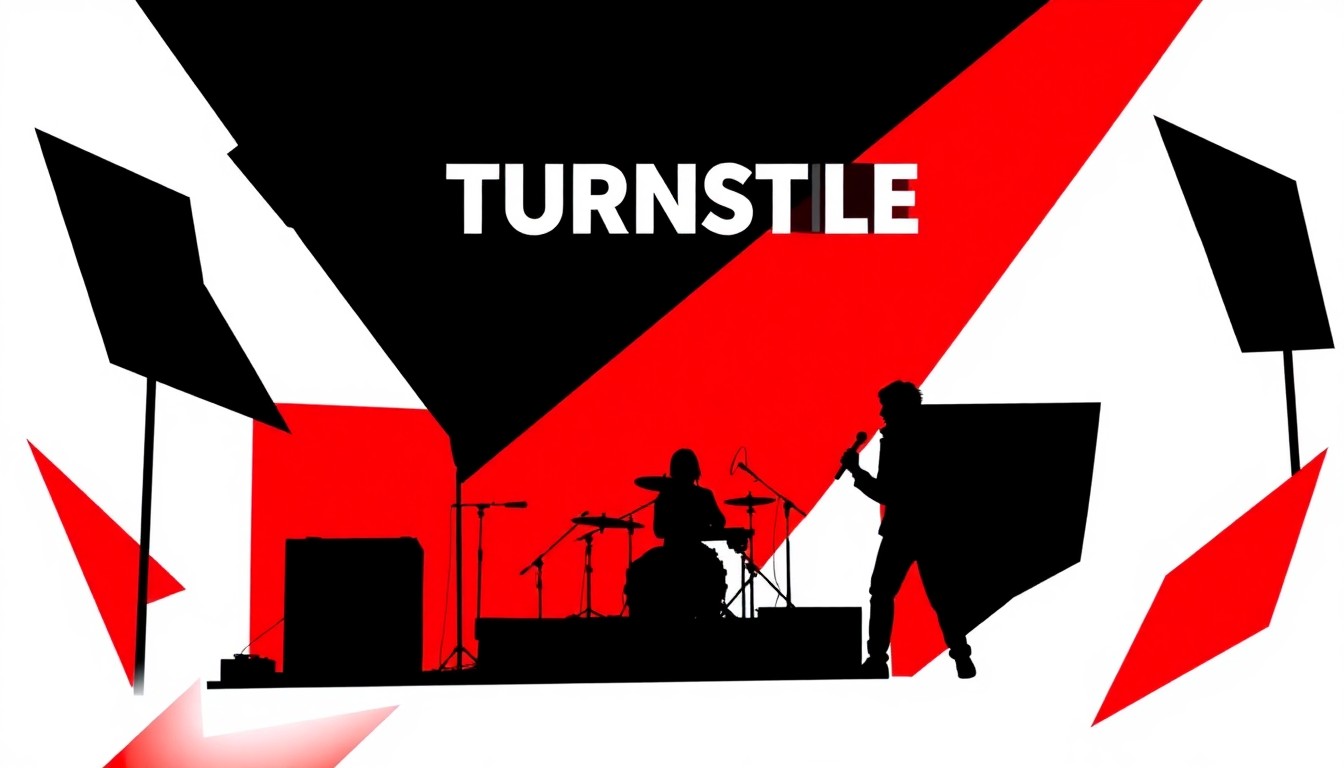 A bold, abstract illustration featuring jagged, geometric shapes in striking red and white, capturing the raw energy and emotional intensity of Turnstile's Coachella performance.