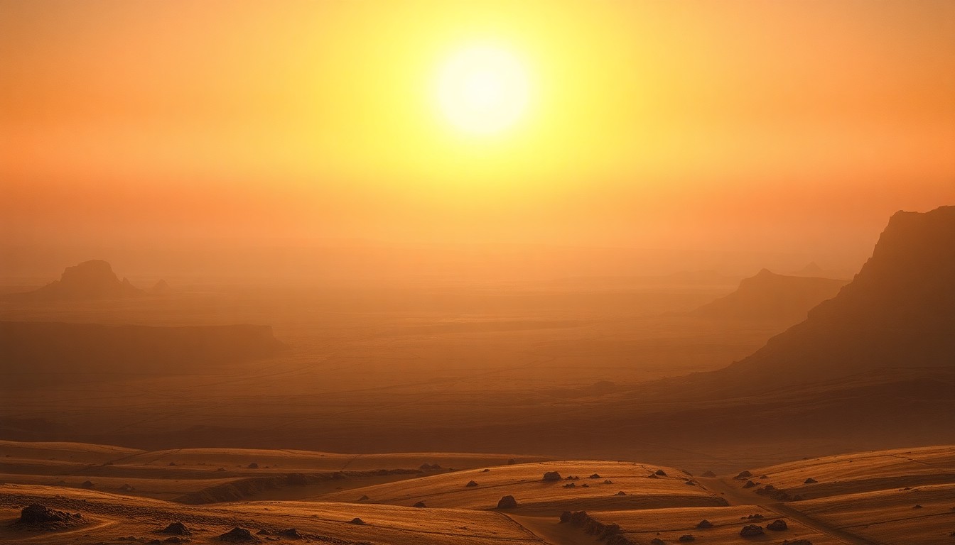 A sweeping, atmospheric landscape painting in muted earth tones, with a hazy, sun-drenched horizon dominating the frame and dwarfing any physical structures or objects within the scene, conveying the overwhelming scale and power of the natural environment.