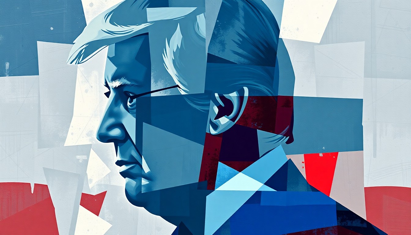 A conceptual illustration featuring overlapping, fragmented geometric shapes in shades of blue, grey, and red, representing the political turmoil surrounding the allegations against a politician.