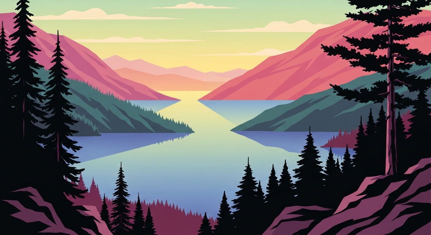 A bold, geometric illustration in the Art Deco style depicting the sweeping scale and natural beauty of Lake Lemon, with towering forested hills and a tranquil lake surface reflecting the sky.