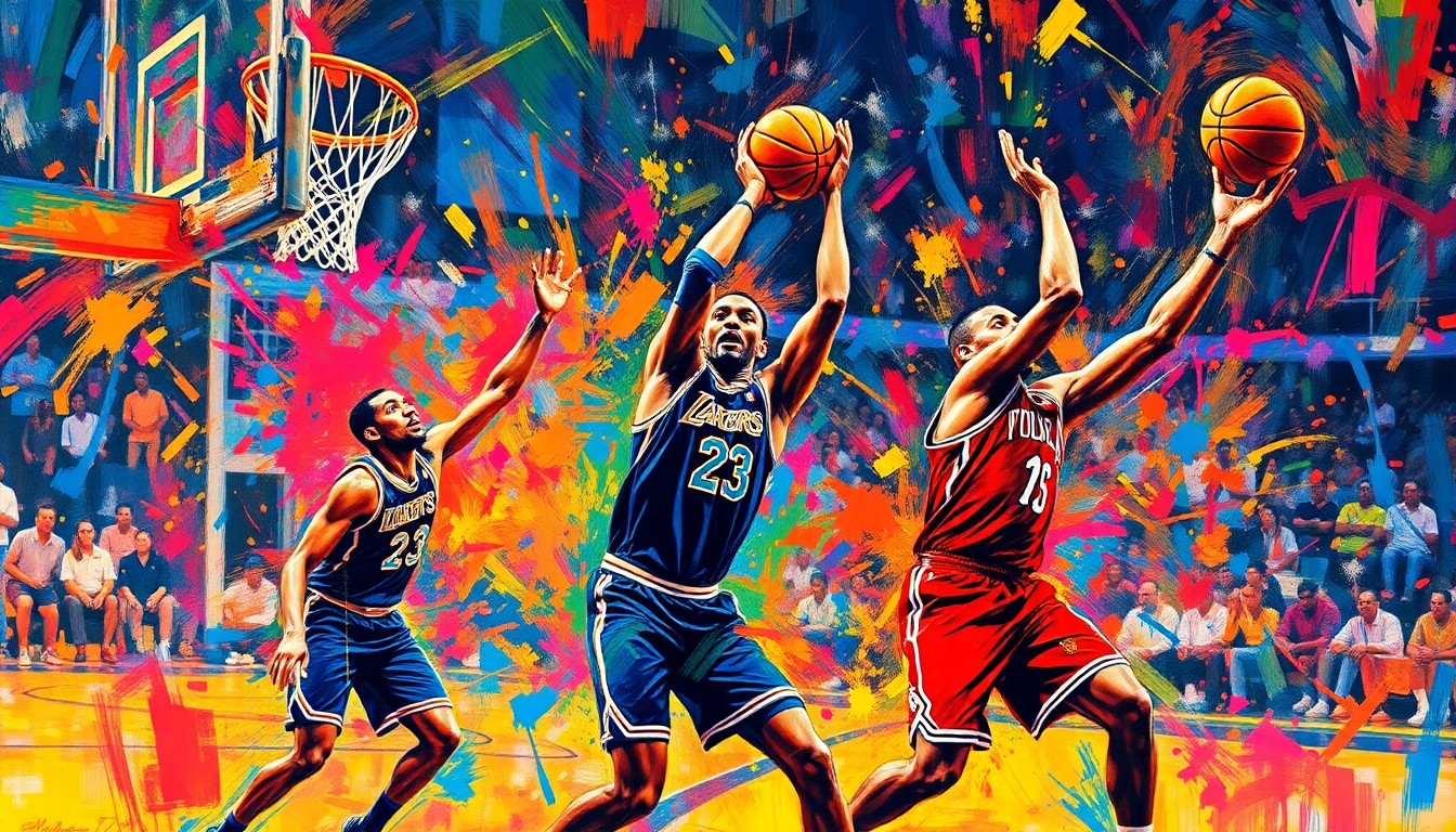 An abstract, expressionist painting featuring vibrant neon brushstrokes and splatters of color that capture the intense energy and scoring action of an NBA basketball game, without any identifiable players or teams.