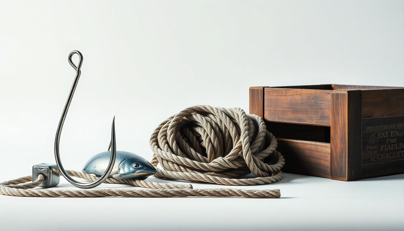 A high-end, photorealistic studio still-life photograph featuring a carefully arranged composition of premium, polished objects representing the salmon fishing industry, such as a gleaming metal fish hook, a coil of sturdy rope, and a weathered wooden crate, set against a clean, monochromatic background that uses dramatic lighting and deep shadows to convey a sense of the industry's resilience and the value of this natural resource.