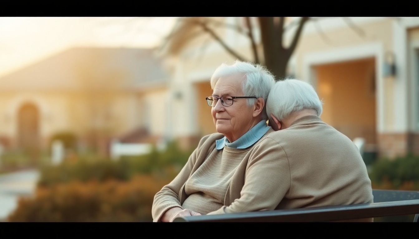 An abstract, impressionistic photograph in soft, warm colors depicting an elderly couple sitting on a bench, their forms blurred and indistinct against a hazy background, conveying a sense of the emotional experience of navigating the senior living system.