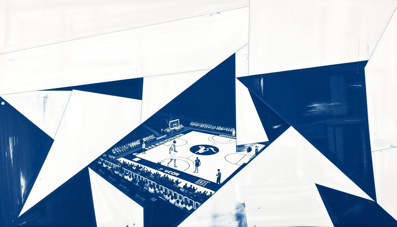 A cubist-style painting featuring overlapping geometric shapes and planes in navy blue and white, conceptually representing the fragmented and distorted nature of the Braylon Mullins NIL auction hoax on social media.