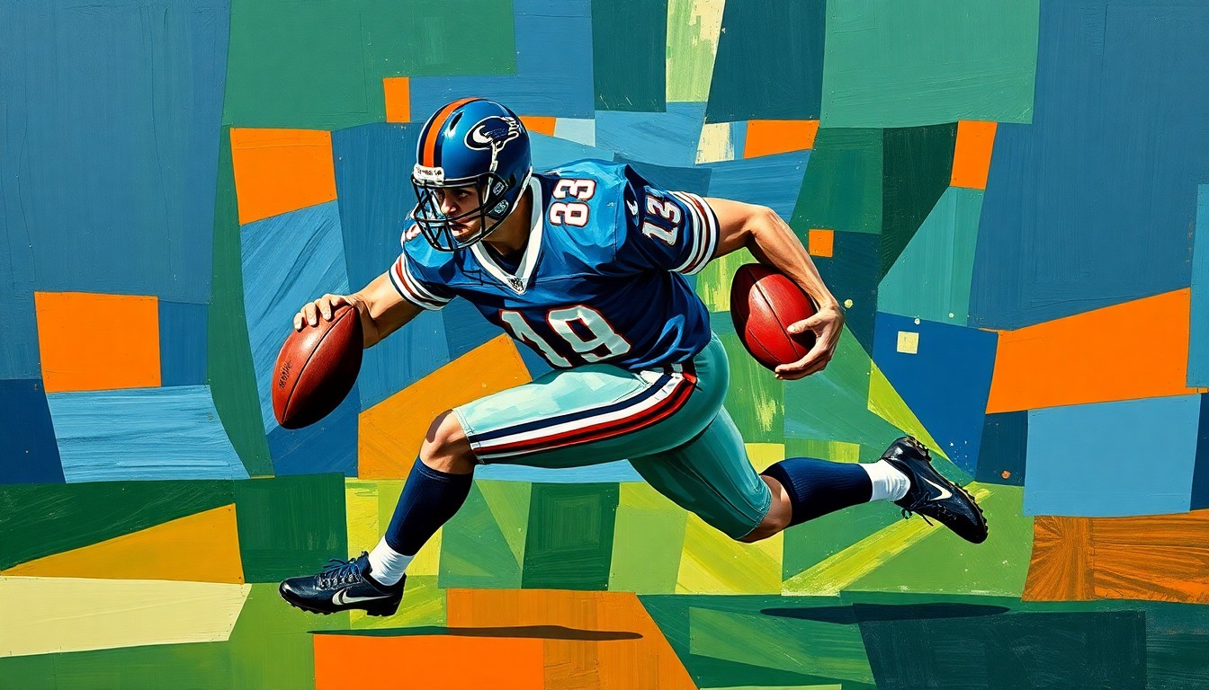 A fragmented, cubist-style painting depicting a running back in motion, with sharp geometric shapes and planes in navy, green, and orange hues, conceptually representing the versatility and trade value of the player.