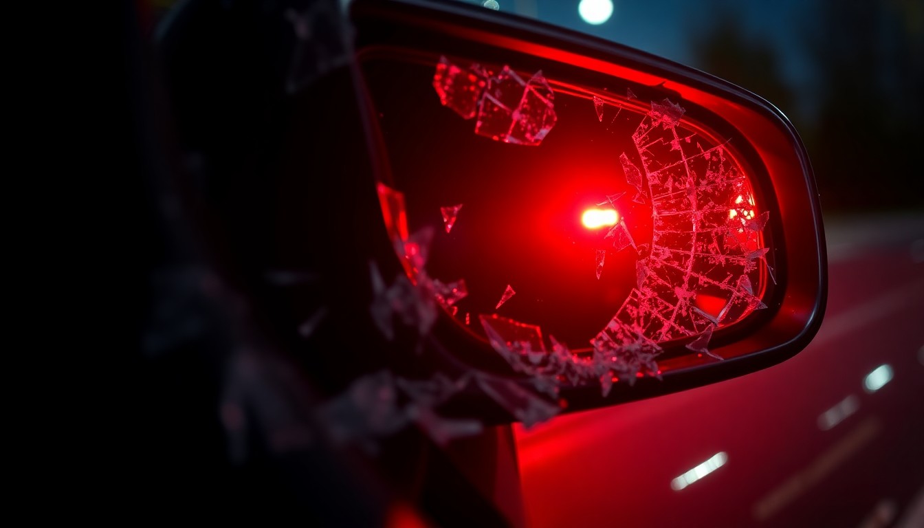 An extreme close-up photograph of a shattered car side mirror reflecting a faint red light, conceptually representing the aftermath of a violent attack on a celebrity's vehicle.