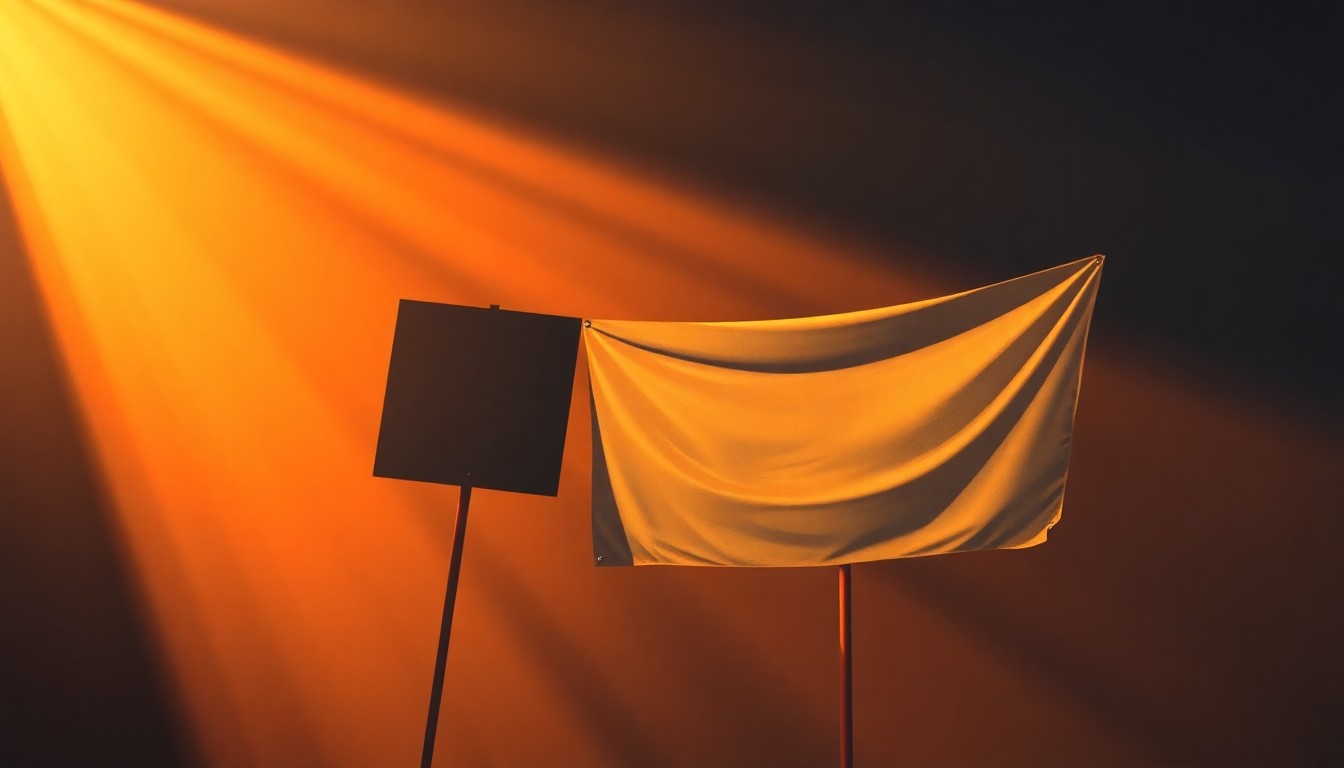 A serene, painterly scene of a lone protest sign or banner standing in a sunlit urban plaza, capturing the quiet tension and melancholy of the rally for the detained Islamic Society leader.