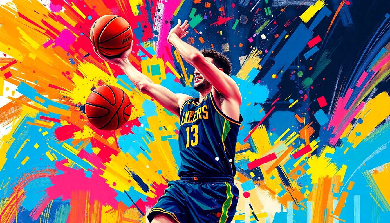 An abstract, neon-colored expressionist painting depicting the dynamic motion and energy of a basketball player making a game-winning shot, with the player's form and the ball dissolving into vibrant brushstrokes of color.