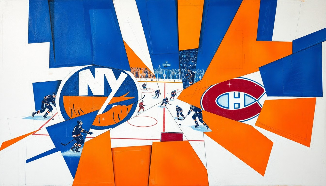 A cubist, geometric painting depicting a hockey game, with sharp planes of blue, orange, and white overlapping to create a fractured, multi-perspective scene of the action on the ice.